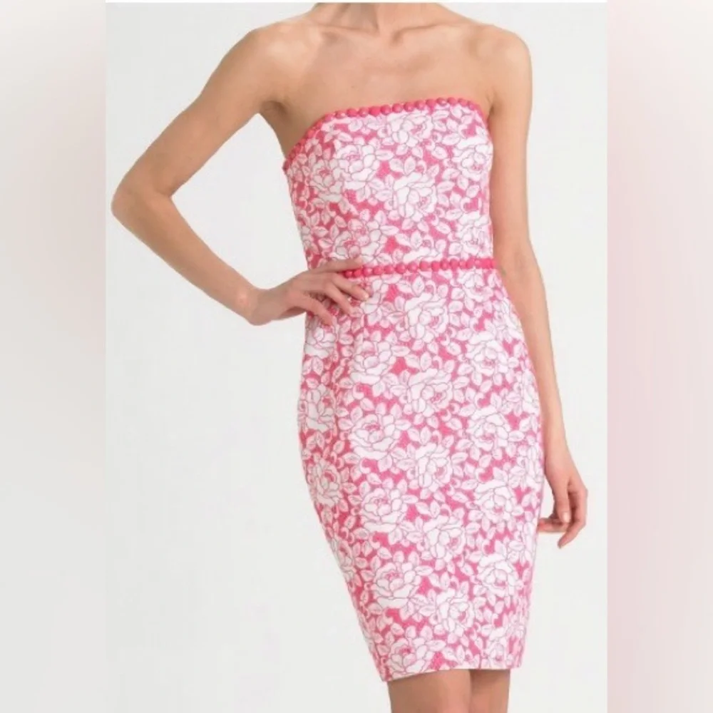 Lilly Pulitzer Allegra White Pink Roses Beaded Strapless Eyelet Lace‎ Dress - Picture 2 of 5